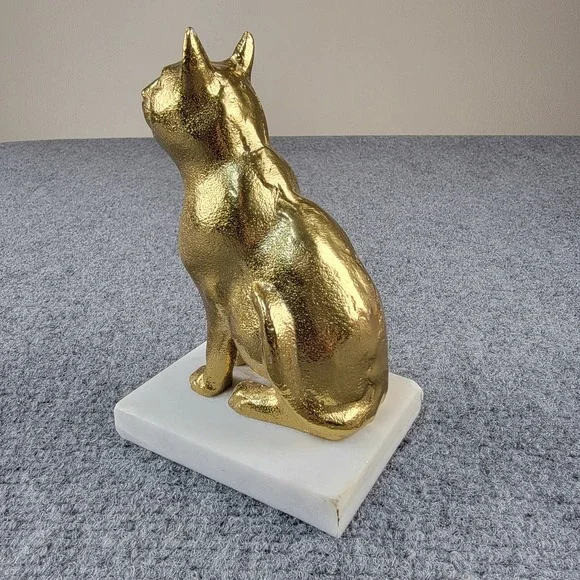 Vintage 6" Gold Textured Cat Figurine Statue on White Marble Base Bookend Decor - Picture 4 of 16